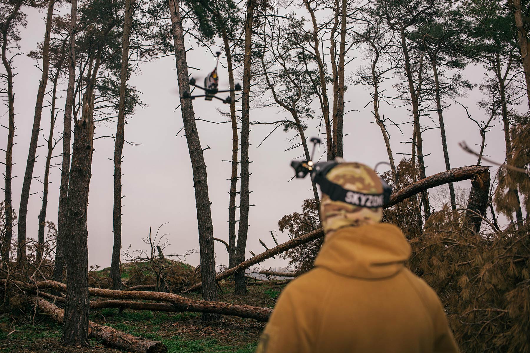 Fiksyk, member of the Khartiia Brigade, practicing drone flying outside Kharkiv