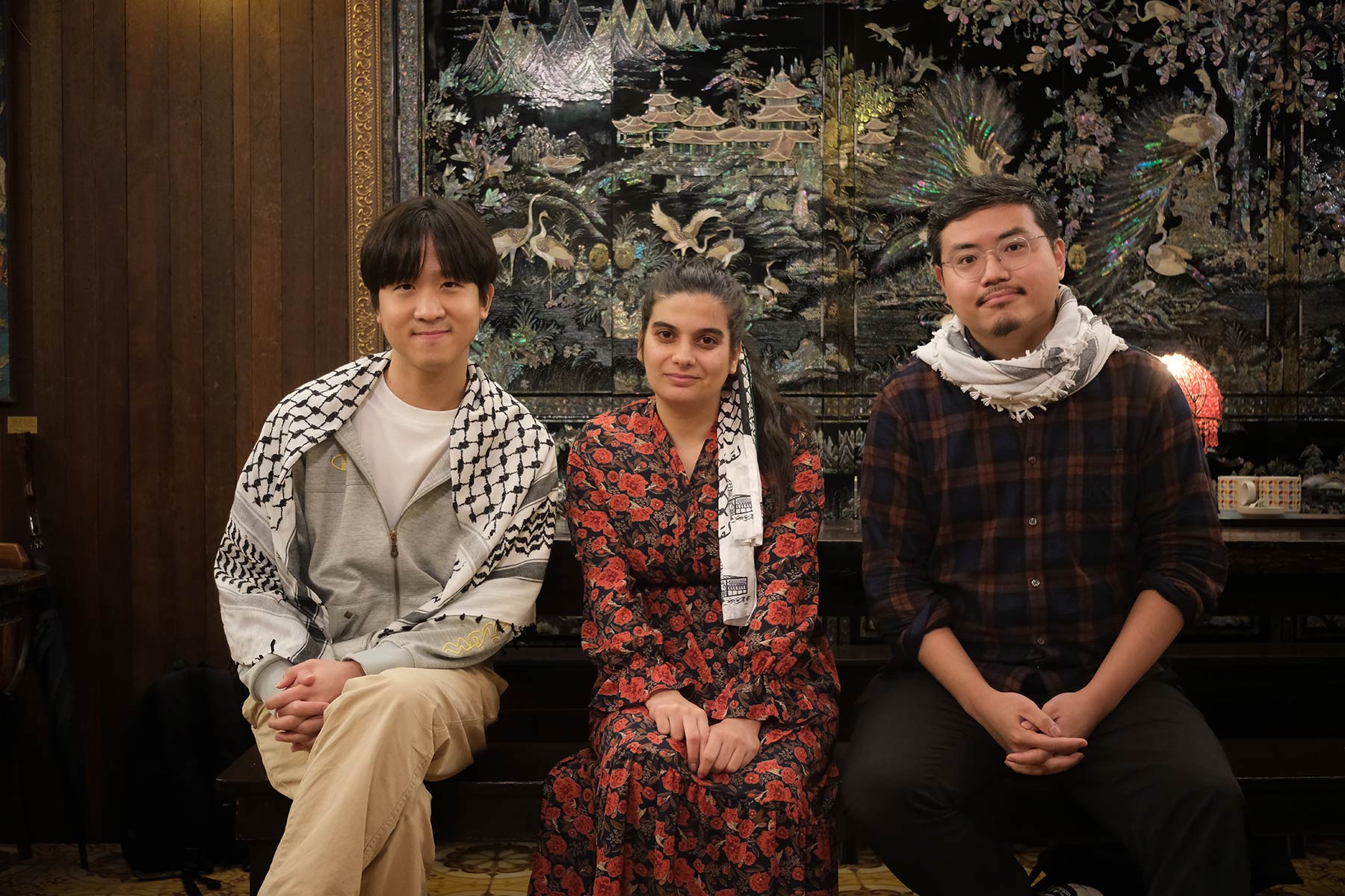 Sihun Lee, co-founder of Subak Student Group at Seoul National University, Nareman Samir, Palestinian organizer, and Irang Bak, Korean organizer