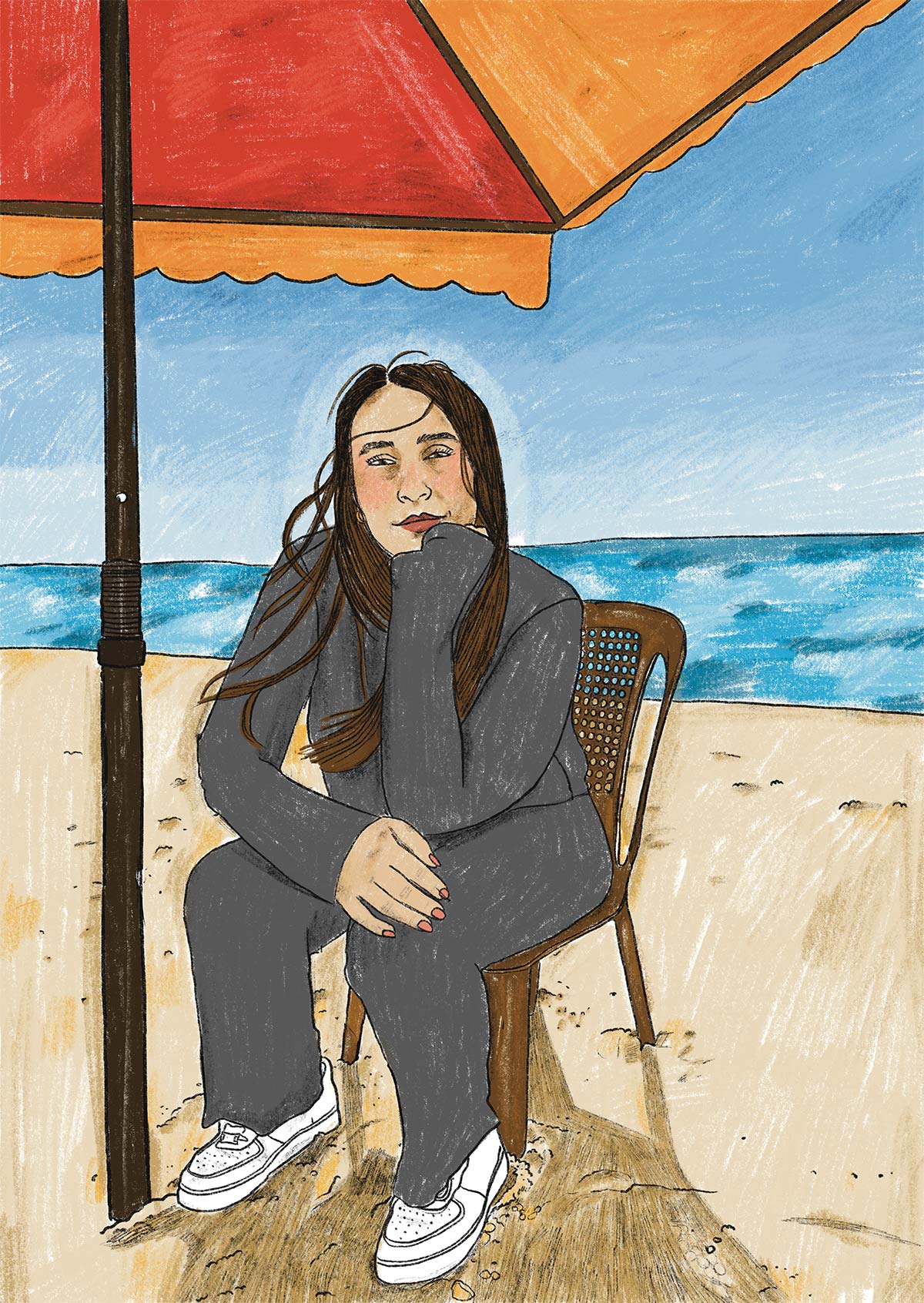 drawing of Hind Khoudary sitting on a plastic chair on the beach with an orange umbrella above