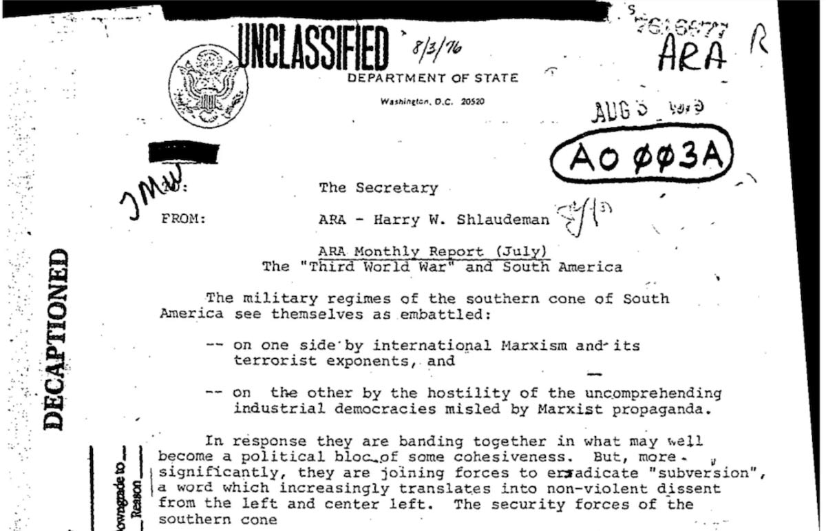 Excerpt from a report based on CIA information, drafted by the Assistant Secretary of State for Inter-American Affairs, Harry Shlaudeman, and presented to Secretary of State Henry Kissinger in August 1976.