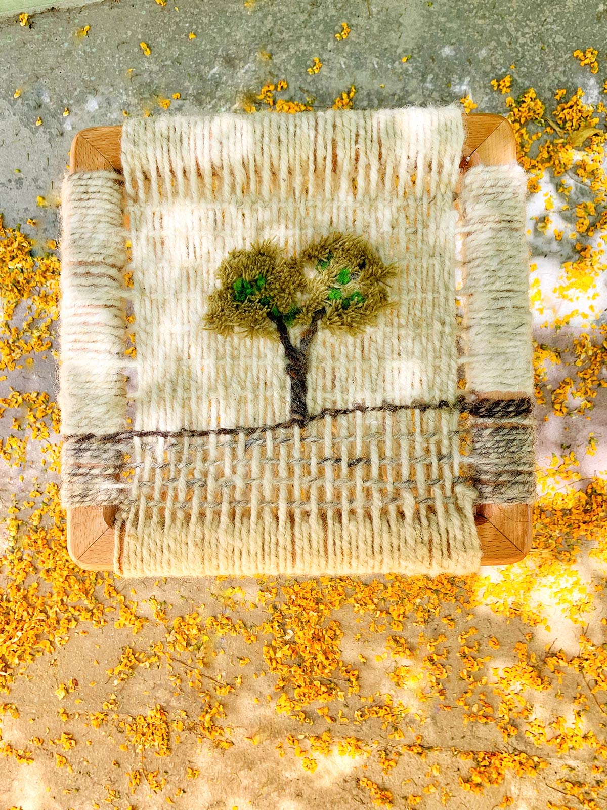 Lara’s woven olive tree design on a stool inspired by the Palestinian landscape.