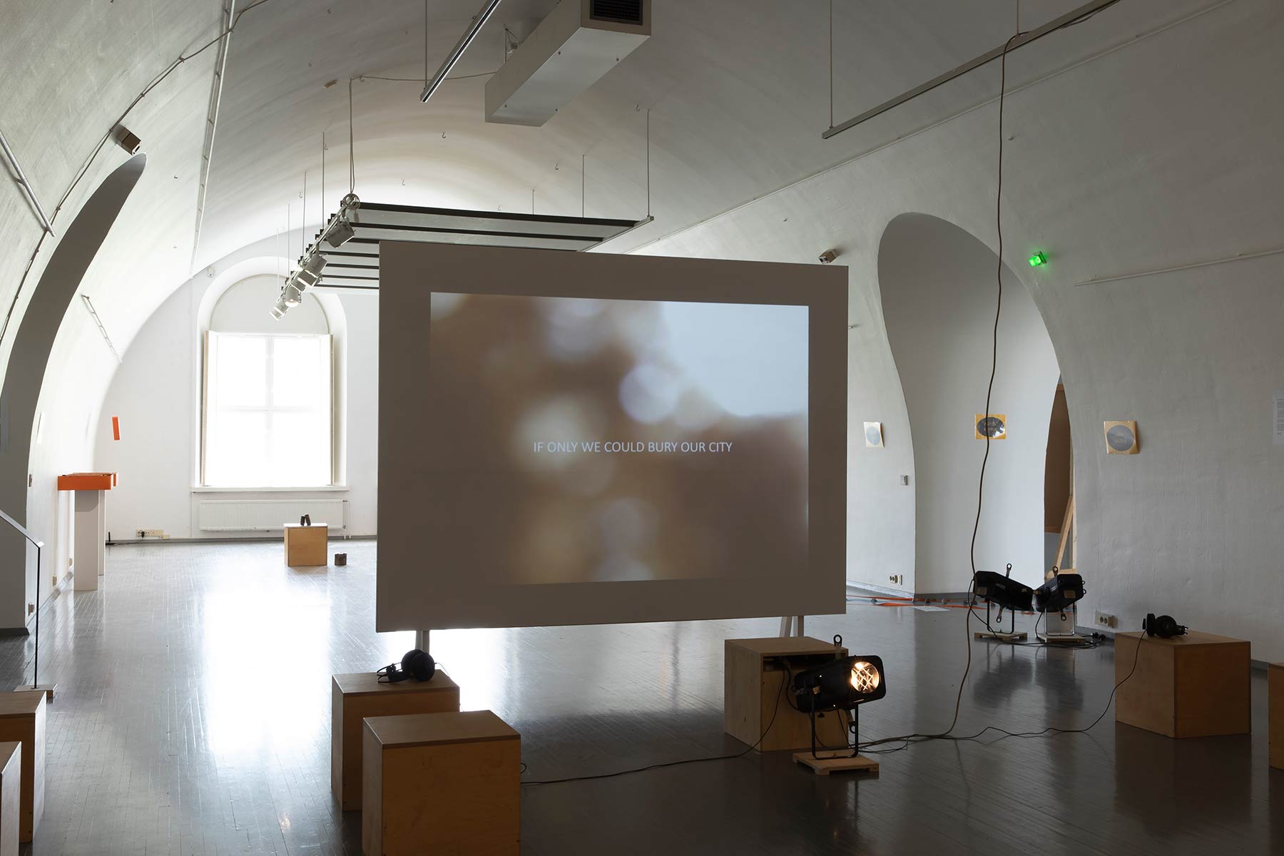 Multimedia installation of ‘If Only We Could Bury Our City,’ made from Lara’s research and interviews with Hussam Zaqout.